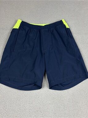 Birddogs Men's Navy Blue Swim Trunks with Neon Yellow Lined Waistband Beach Pool